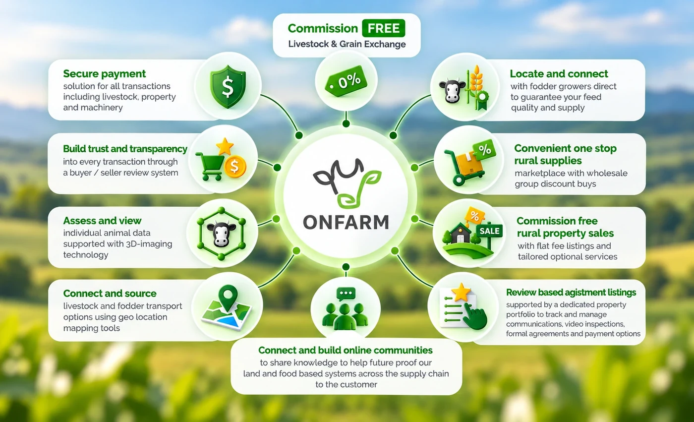 Tính năng nền tảng ONFARM: sàn giao dịch gia súc và ngũ cốc miễn hoa hồng, thanh toán an toàn, vật tư nông nghiệp, mua bán bất động sản nông thôn và cộng đồng trực tuyến